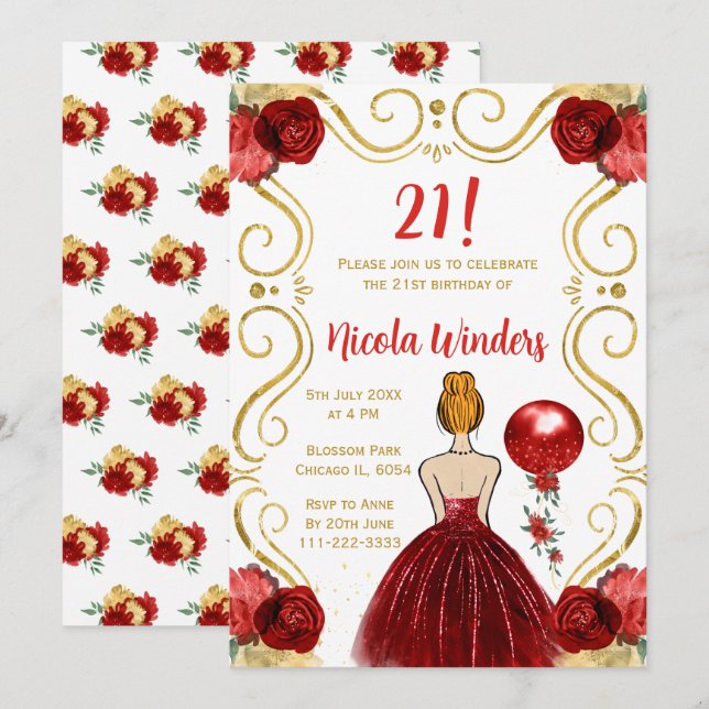 Födelsedagsfest Red Hair Princess i Red Inbjudningar (Fram/baksida)