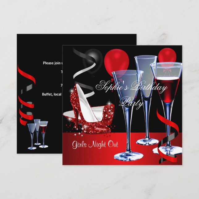 Födelsedagsfest Red Shoe Hi Heels Vin glass glass Inbjudningar (Fram/baksida)