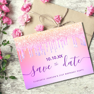 Födelsedagsfest regnbåge glitter rosa spara datum vykort