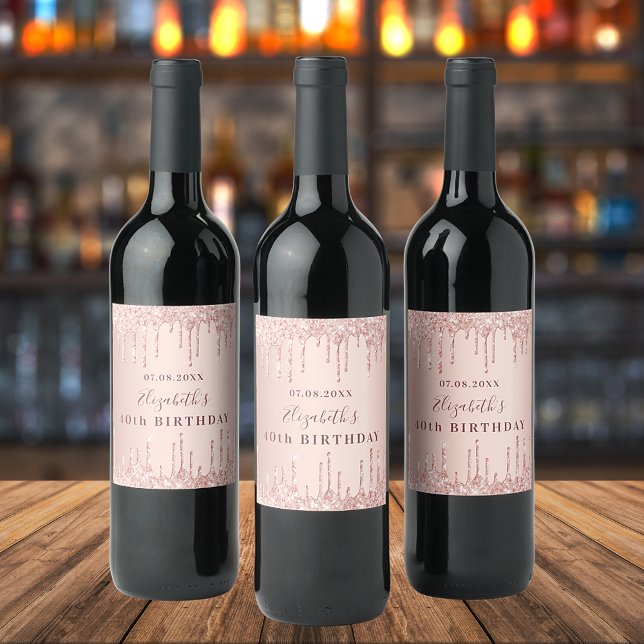 Födelsedagsfest ro glitter guld, monogram lyx vinflaska etikett (Skapare uppladdad)
