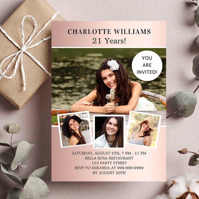 Födelsedagsfest ro guld fotokollage lyxur inbjudningar (Skapare uppladdad)