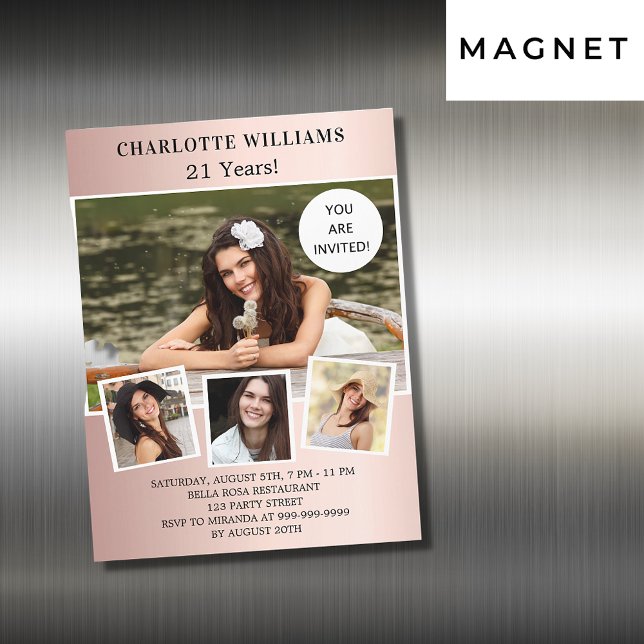 Födelsedagsfest ro guld fotokollage lyxur magnetisk inbjudningskort (Skapare uppladdad)