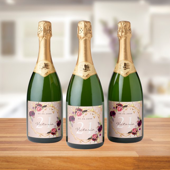 Födelsedagsfest ro guld stjärnor, burgundära blomm (Skapare uppladdad)