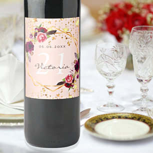 Födelsedagsfest ro guld stjärnor, burgundära blomm vinflaska etikett