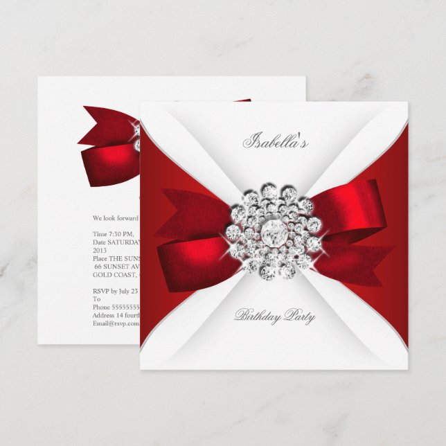 Födelsedagsfest Röd vit romb Röd bas Inbjudningar (Fram/baksida)