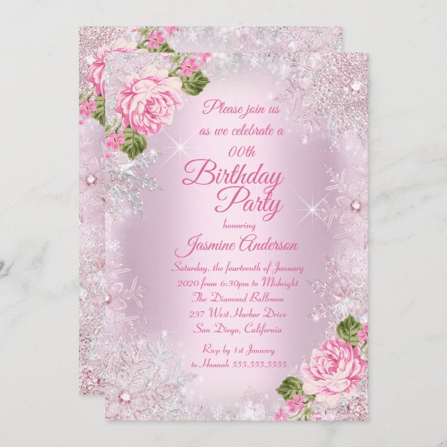 Födelsedagsfest Rosa Blommigt Winter Wonderland Inbjudningar (Fram/baksida)