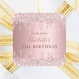 Födelsedagsfest rosa dusty ro glitter monogram fyrkantigt klistermärke