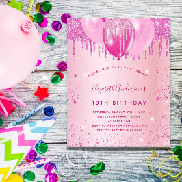 Födelsedagsfest rosa glitterballonger tjej inbjudan vykort