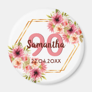 Födelsedagsfest rosa guld blommor geometrisk vit magnet