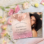 Födelsedagsfest rosa ros-fotobudgetinbjudan flygblad<br><div class="desc">Observera att inbjudan är papper och mycket tunn. Kuvert ingår inte. Om du vill ha mer omfattande inbjudningar (samma design) kan du besöka vår butik. En övertoningsbakgrund för ro guld och rosa. Dekorerad med ro guld, rosa faux glitter, färgdroppstift och ballonger. Anpassa och lägg till information om namn och party....</div>