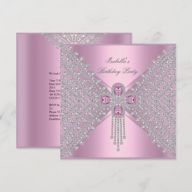 Födelsedagsfest Rosa Silver Vit Diamant Inbjudningar (Fram/baksida)