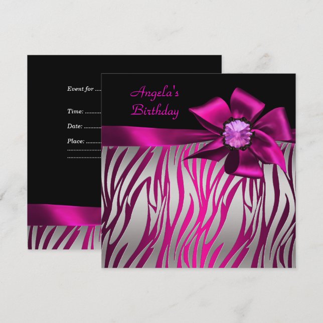 Födelsedagsfest Rosa Slinga Svart Rosa Zebra Silve Inbjudningar (Fram/baksida)