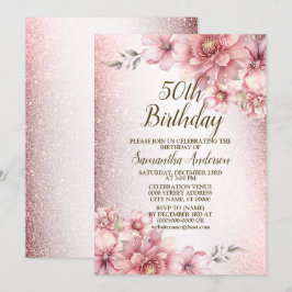 Födelsedagsfest Rosa Watercolor Flowers Glitter Inbjudningar