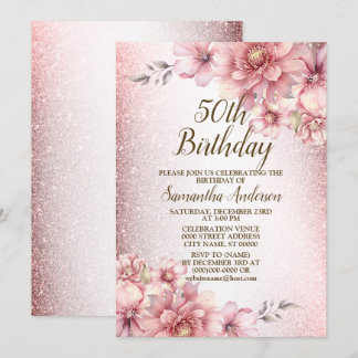 Födelsedagsfest Rosa Watercolor Flowers Glitter Inbjudningar
