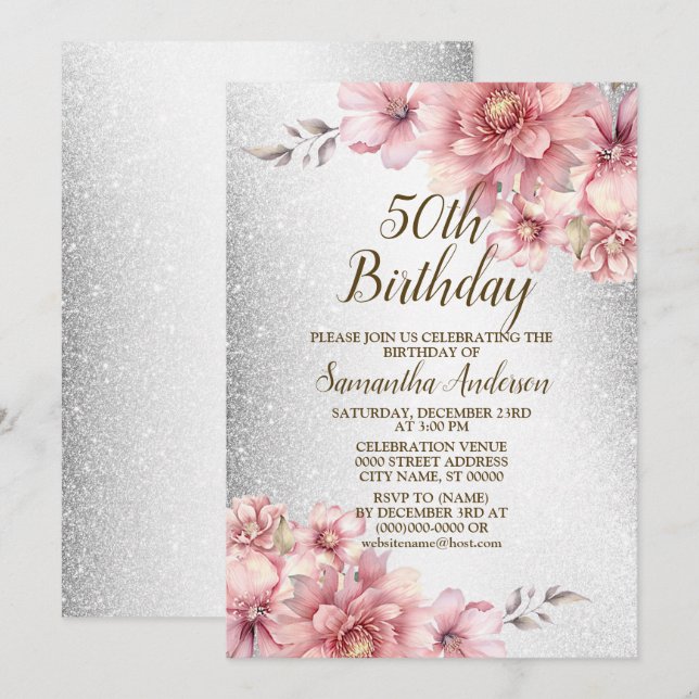 Födelsedagsfest Rosa Watercolor Flowers Glitter Inbjudningar (Fram/baksida)