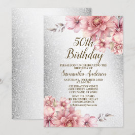 Födelsedagsfest Rosa Watercolor Flowers Glitter Inbjudningar