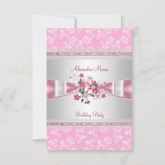 Födelsedagsfest Rosa White Blommigt Damask Bows Inbjudningar (Framsida)