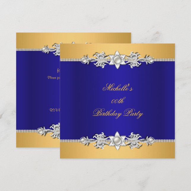 Födelsedagsfest Royal Blå Pärlkant Jewel Inbjudningar (Fram/baksida)