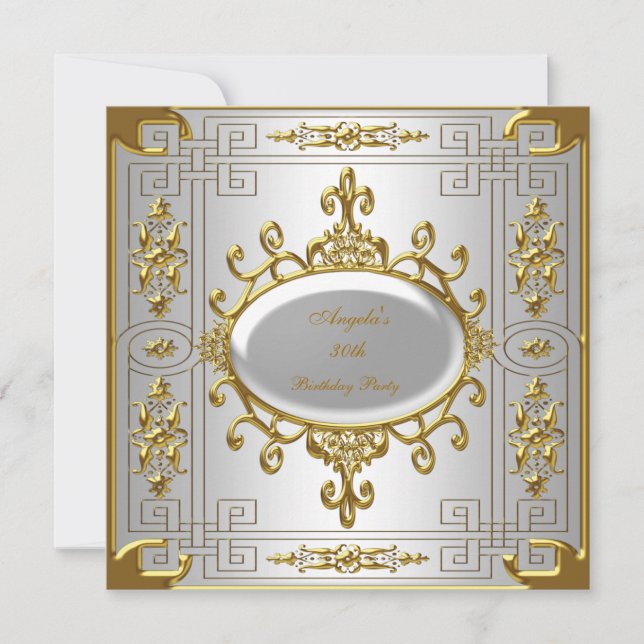 Födelsedagsfest Royal Silver Vitt Guld Art Deco Inbjudningar (Framsida)