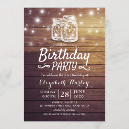 Födelsedagsfest Rustic Wood Mason Burk String Ljus Inbjudningar