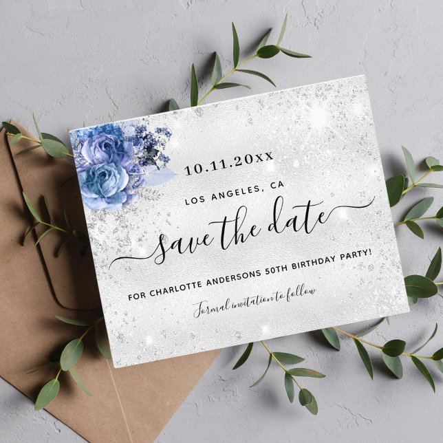 Födelsedagsfest silver blå budget spara datumet flygblad (Skapare uppladdad)