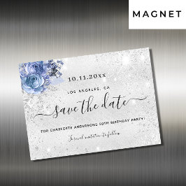 Födelsedagsfest silver blå spara datum magneter