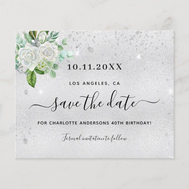 Födelsedagsfest silver blommigt spara datumkortet (Framsida)