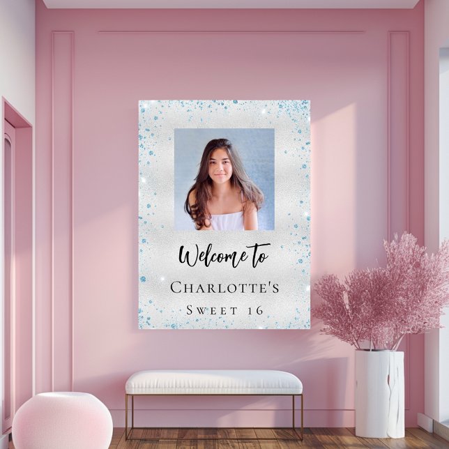 Födelsedagsfest silver Blue glitter välkomstfotogr Poster (Skapare uppladdad)