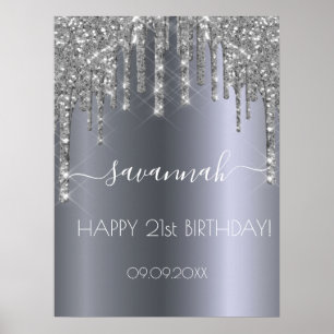 Födelsedagsfest silver glitter droppar gnistra nam poster
