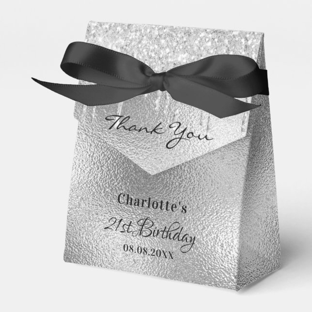 Födelsedagsfest silver glitter droppar namn tack f presentaskar (Framsidan Sidan)