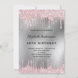 Födelsedagsfest silver glitter droppar rosa inbjudningar
