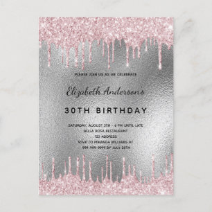 Födelsedagsfest silver glitter inbjudan till rosa