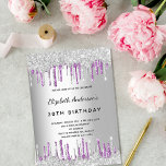 Födelsedagsfest silver lila glitter droppar vid  inbjudningar<br><div class="desc">En modern,  snyggt och glamorös inbjudan till en kvinnas 30:e (eller någon ålder) födelsedagsfest. Ett faux silver tittar bakgrund med lila faux glitter drop,  färgdroppstift. Namn är skrivet med ett svart,  modernt handskript i stil. Anpassa och lägg till information om namn,  ålder och party.</div>