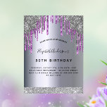 Födelsedagsfest silver lila glitter gnistra vykort<br><div class="desc">En modern, snyggt och glamorös inbjudan till en kvinnas 50:e (eller någon ålder) födelsedagsfest. En lila och faux silver-metall tittar bakgrund med faux silver glitter dropp, färgdropputseende. Namn är skrivet med ett modernt skript för svart hand skrivet stil. Anpassa och lägg till information om namn, ålder och party. Baksida: Faux...</div>