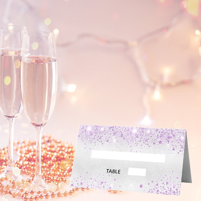 Födelsedagsfest silver lila glitter stoft metall placeringskort (Skapare uppladdad)