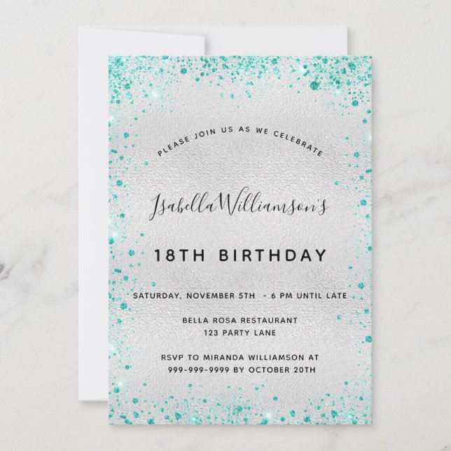 Födelsedagsfest silver teal glitter stoftglam inbjudningar (Framsida)