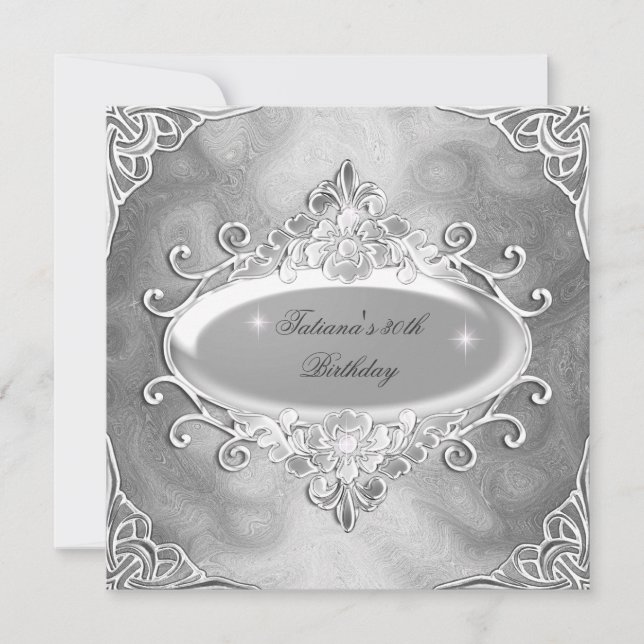 Födelsedagsfest Silver vid Silver Metall Glitter 2 Inbjudningar (Framsida)