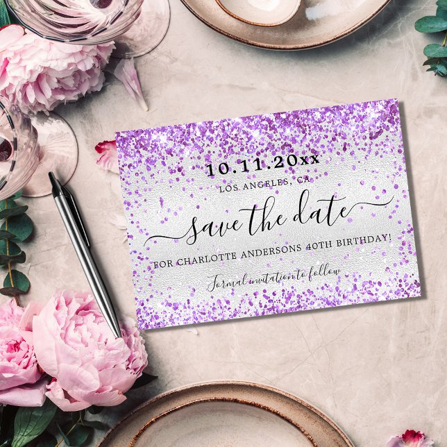 Födelsedagsfest silver violet lila glitter spara datumet (Skapare uppladdad)