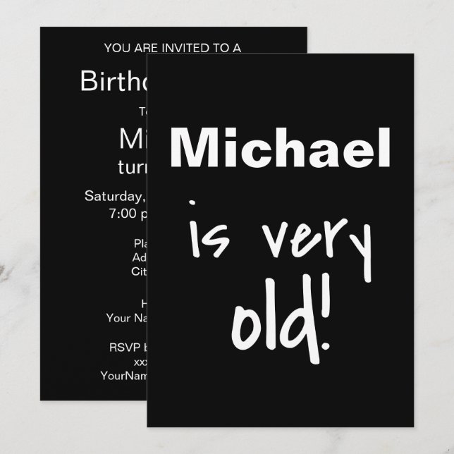 Födelsedagsfest som du är gammal, svart anpassad inbjudningar (Fram/baksida)