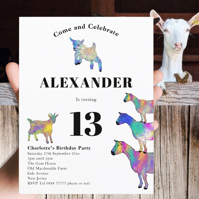 Födelsedagsfest som omfattas av principen om djura inbjudan vykort (Cute goats colorful animal art 13th birthday party budget invitation postcard)