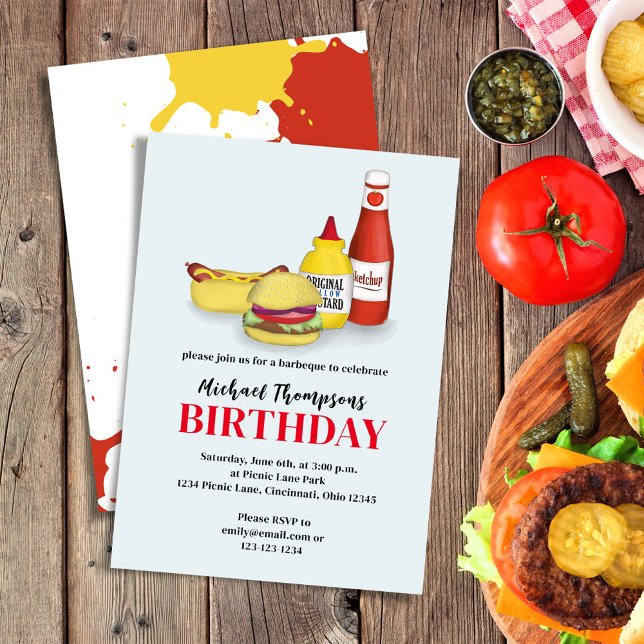 Födelsedagsfest, sommartid, BBQ-Anpassningsbar Inbjudningar (Birthday invitation with hamburger, hotdog, ketchup, and mustard.)