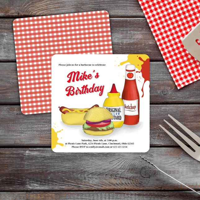 Födelsedagsfest, sommartid, BBQ-Anpassningsbar Inbjudningar (Backyard BBQ Hamburger and Hot Dog Invitations )