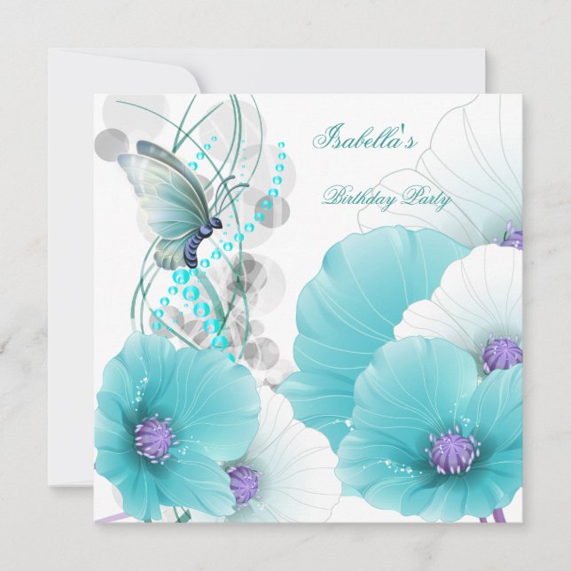 Födelsedagsfest Söt Blommigt Teal White Butterfly Inbjudningar (Framsida)
