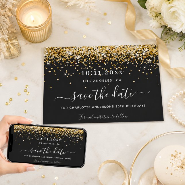 Födelsedagsfest svart guld glitter elegant spara d datumet (Skapare uppladdad)