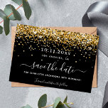 Födelsedagsfest svart guld glitter elegant spara spara datumet<br><div class="desc">Ett giftigt och trendig Spara datumkortet för en 30:e (eller någon annan ålder) födelsedagsfest. En klassisk svart bakgrund med faux guld glitter och ballonger. Anpassa och lägg till datum och namn/ålder. Texten: Spara datumet skrivs med ett stort trendig-handskript i stil.</div>