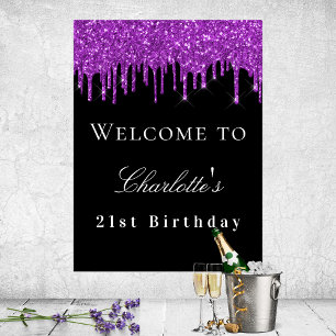 Födelsedagsfest Svart lila glitter dricks välkomna Poster