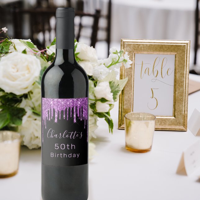 Födelsedagsfest Svart lila glitter drop rosa glam Vinflaska Etikett (Skapare uppladdad)