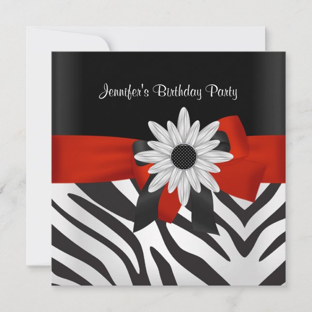 Födelsedagsfest Svart Zebrastreck Röd Blomma Inbjudningar (Framsida)