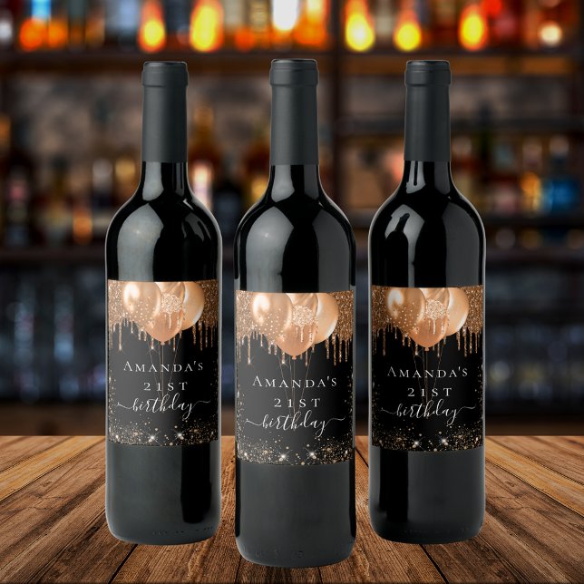 Födelsedagsfest svarta ballonger guld glitter namn vinflaska etikett (Skapare uppladdad)