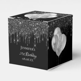 Födelsedagsfest svarta ballonger silver glitter presentaskar